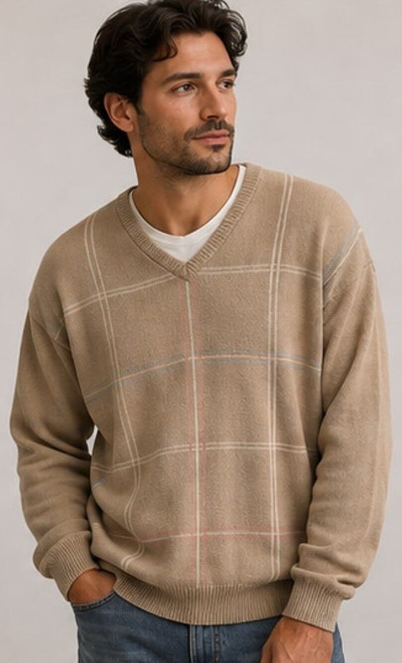 Pringle of Scotland Men's XL Tan Plaid V-Neck Sweater Preppy 100% Cotton